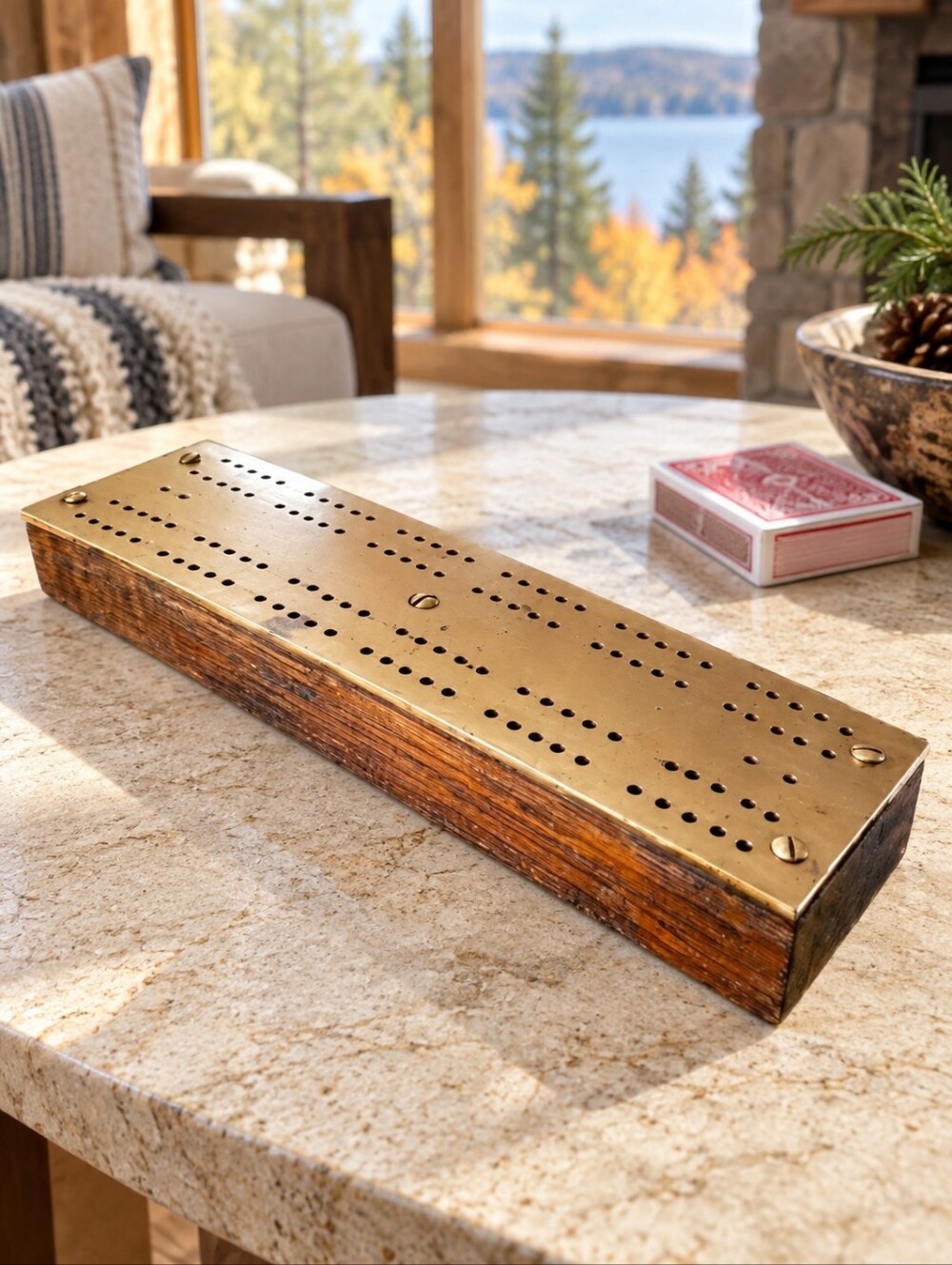 Vintage Brass Top Wood Cribbage Board Handmade 10" Rustic Game